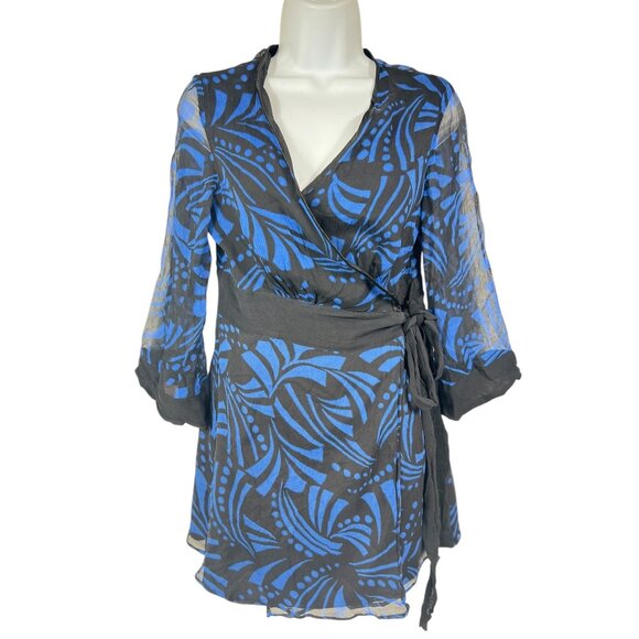 Silkland Womens Size Small Black & Blue Wrap Blouse 100% Silk - Picture 2 of 12